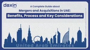 A professional corporate web banner featuring a dark blue silhouette of the United Arab Emirates skyline against a textured light grey background, displaying the Daxin Global logo and title text for a complete guide on Mergers and Acquisitions in UAE benefits, process, and key considerations.