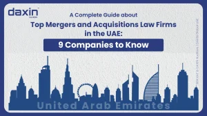 A professional corporate web banner featuring a dark blue silhouette of the United Arab Emirates skyline against a textured light grey background, displaying the Daxin Global logo and title text for a complete guide on top mergers and acquisitions law firms in the UAE highlighting 9 companies to know.