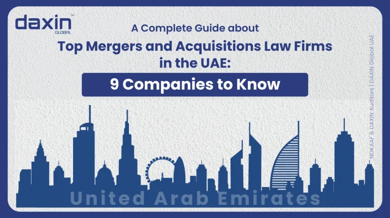 A professional corporate web banner featuring a dark blue silhouette of the United Arab Emirates skyline against a textured light grey background, displaying the Daxin Global logo and title text for a complete guide on top mergers and acquisitions law firms in the UAE highlighting 9 companies to know.
