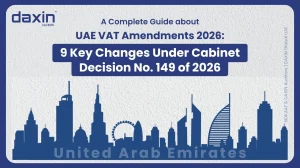 A professional corporate web banner featuring a dark blue silhouette of the United Arab Emirates skyline against a textured light grey background, displaying the Daxin Global logo and title text for a complete guide on UAE VAT amendments 2026 detailing 9 key changes under Cabinet Decision No. 149 of 2026.