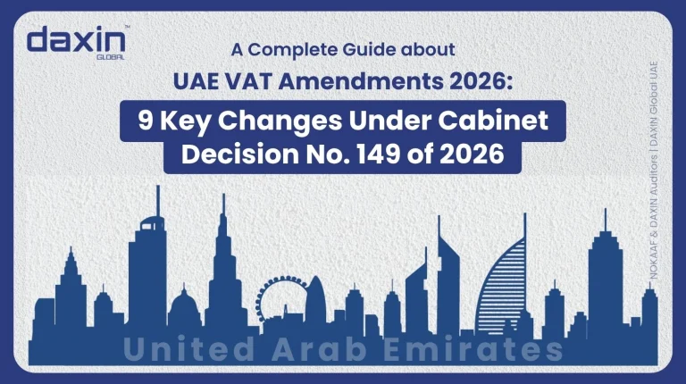 A professional corporate web banner featuring a dark blue silhouette of the United Arab Emirates skyline against a textured light grey background, displaying the Daxin Global logo and title text for a complete guide on UAE VAT amendments 2026 detailing 9 key changes under Cabinet Decision No. 149 of 2026.